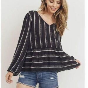 PAPER CRANE Black and White stripe long sleeve peplum top size S